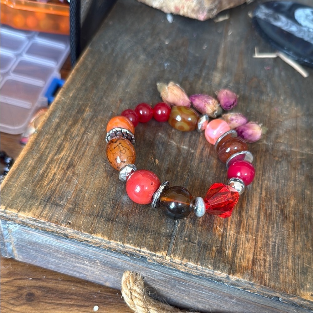 Bohemian Red and Orange Beaded Bracelet